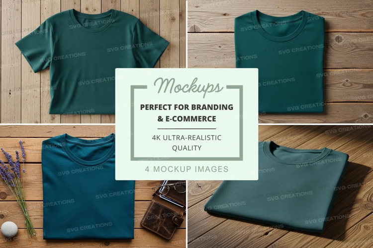 Green t-shirts mockup on wooden floor