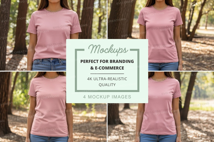 Pink t-shirt mockup in forest setting