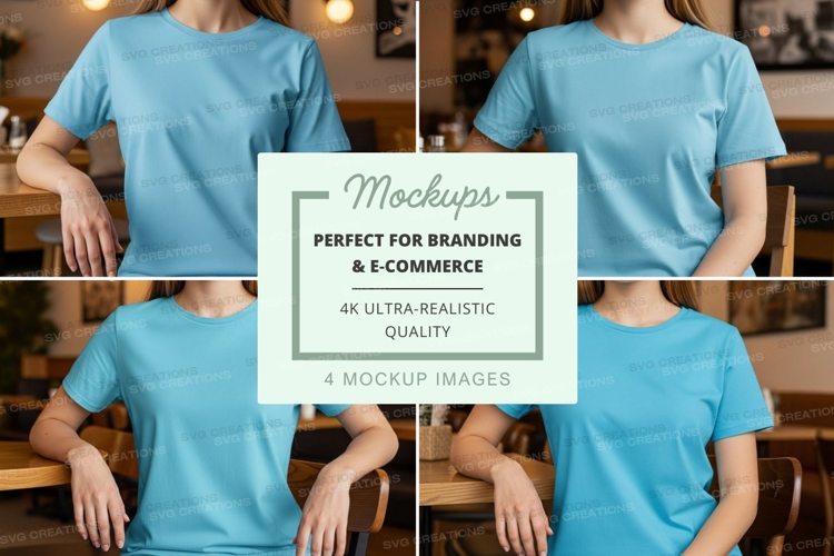 People wearing blue t-shirts in a cafe mockup