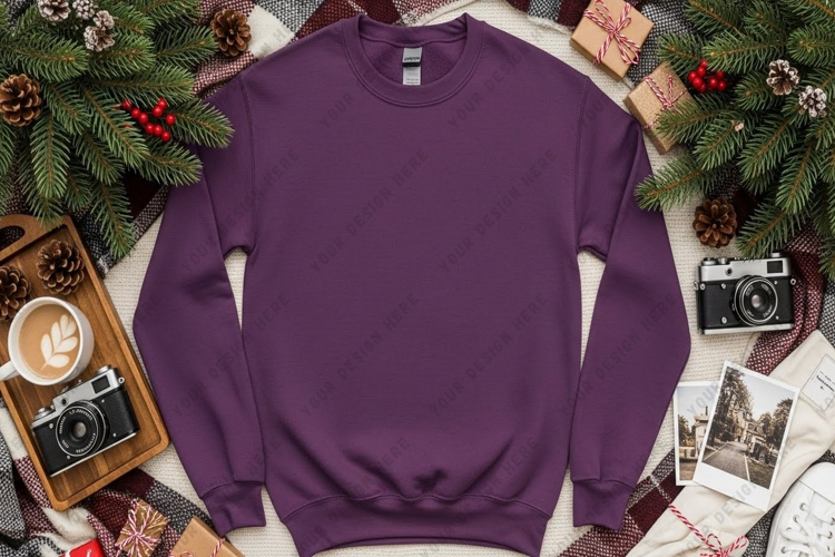 Purple t-shirt mockup with festive decorations