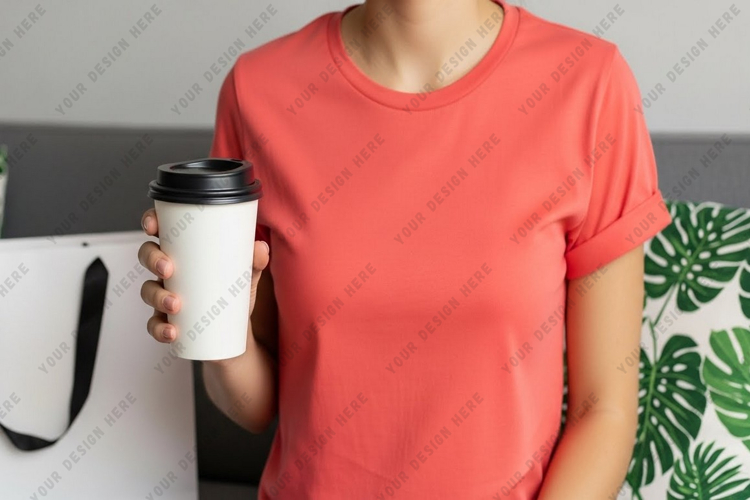 Red t-shirt mockup with coffee cup