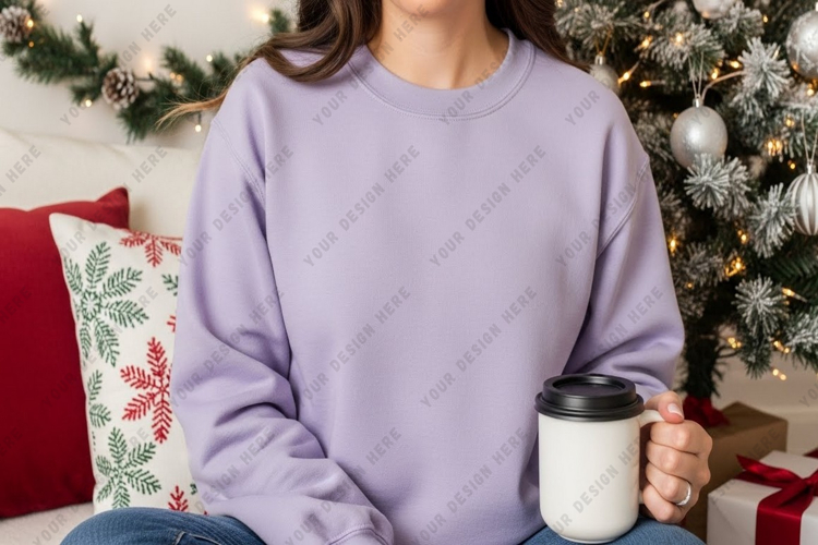 Christmas-themed lavender sweatshirt