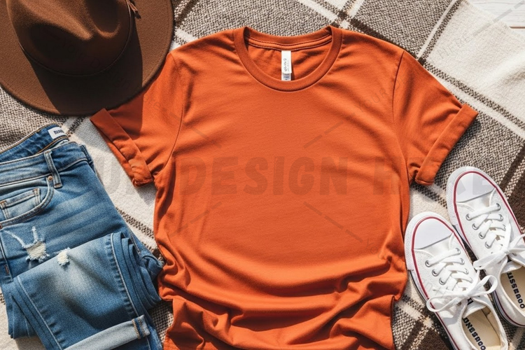 Casual orange t-shirt with denim and sneakers mockup design