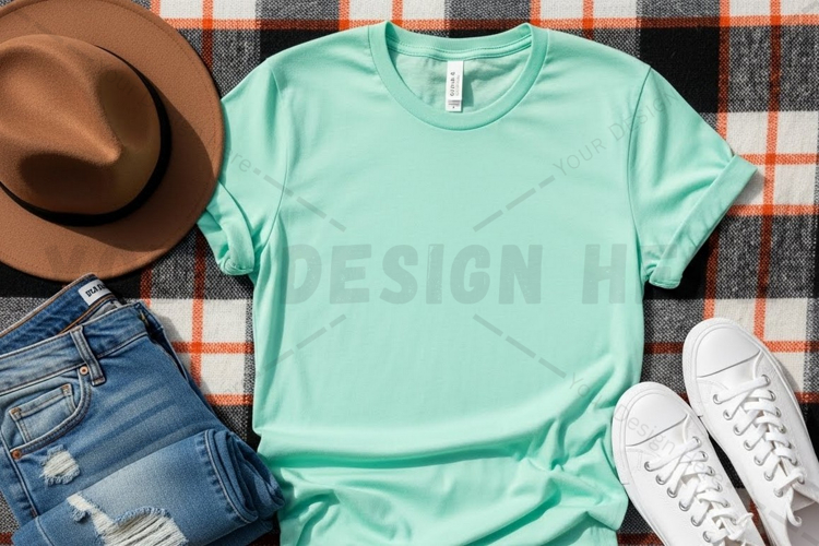 Casual summer outfit with mint green t-shirt mockup