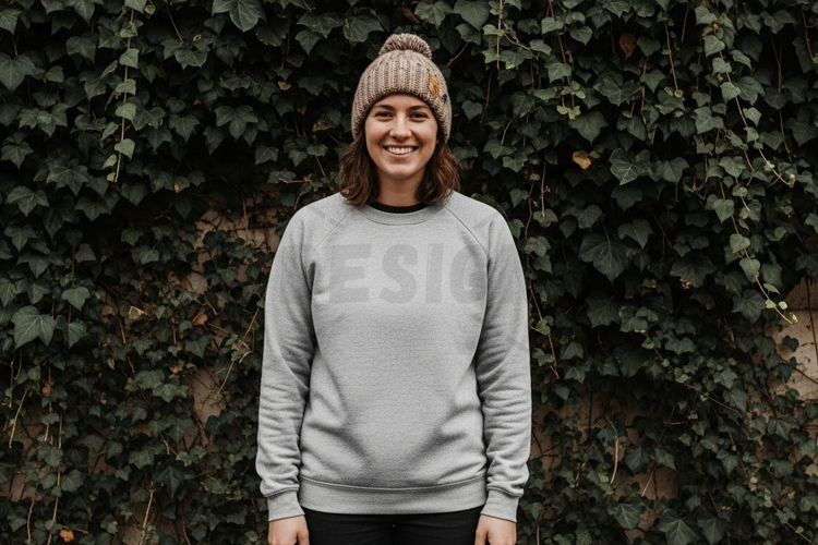 Casual grey sweatshirt with knitted beanie t-shirt mockup