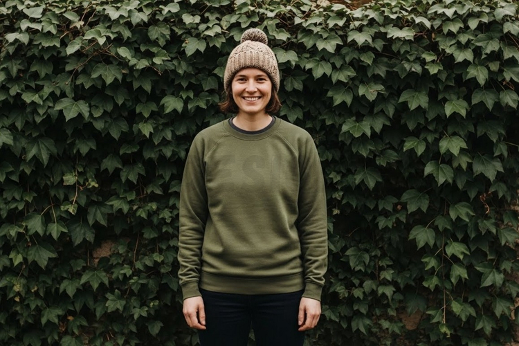 Olive green sweatshirt with beanie t-shirt mockup