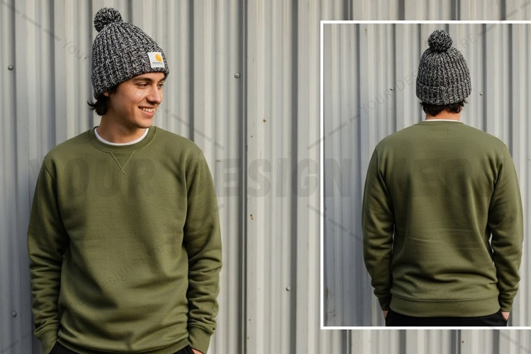 Olive green crew neck sweatshirt with t-shirt mockup