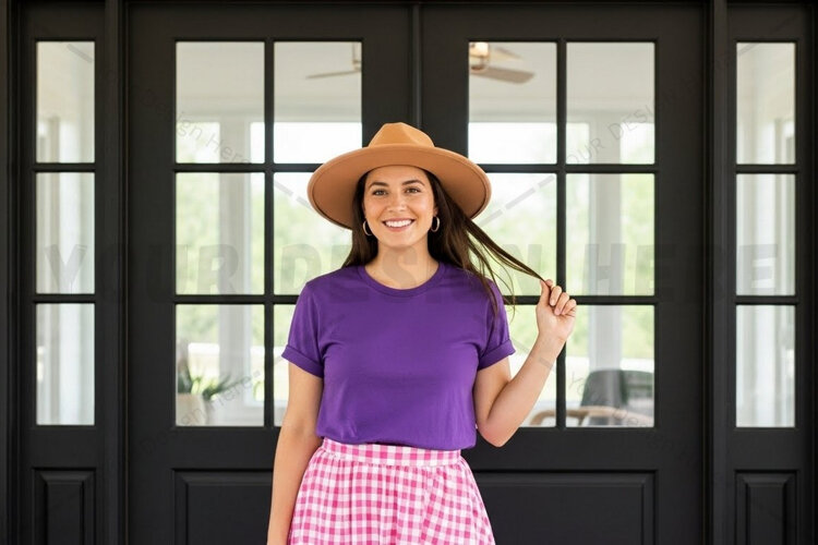 Vibrant purple t-shirt with checkered skirt t-shirt mockup example image 1