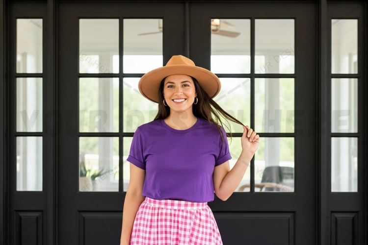 Vibrant purple t-shirt with checkered skirt t-shirt mockup