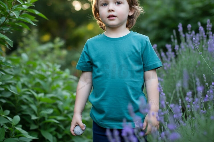 Kids' teal t-shirt in a garden setting t-shirt mockup example image 1
