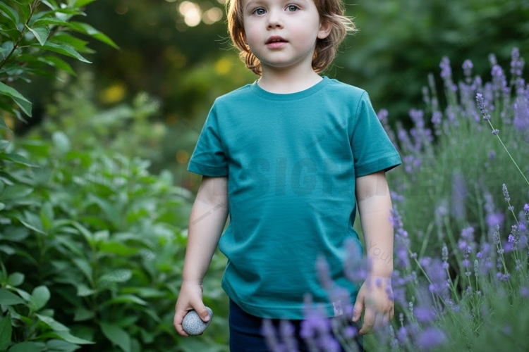 Kids' teal t-shirt in a garden setting t-shirt mockup
