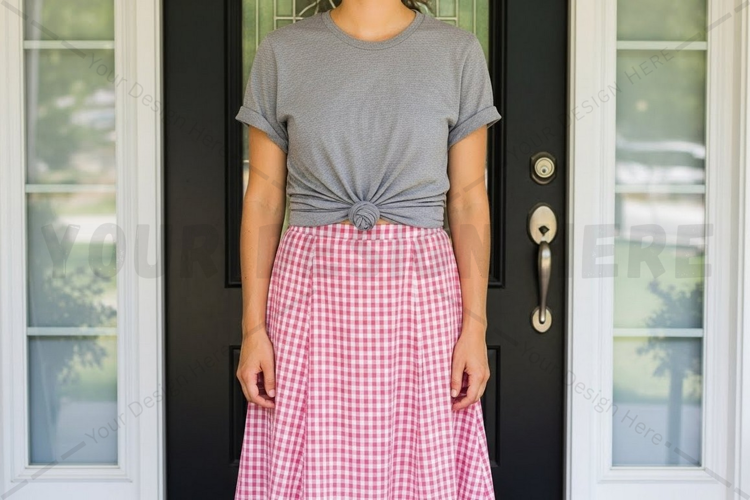 Casual grey t-shirt with red gingham skirt mockup design