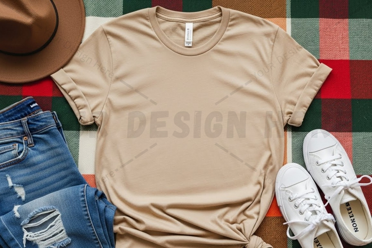 Casual beige t-shirt with accessories mockup design