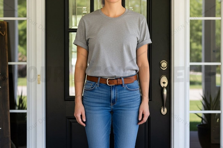 Casual grey t-shirt and blue jeans outfit mockup design