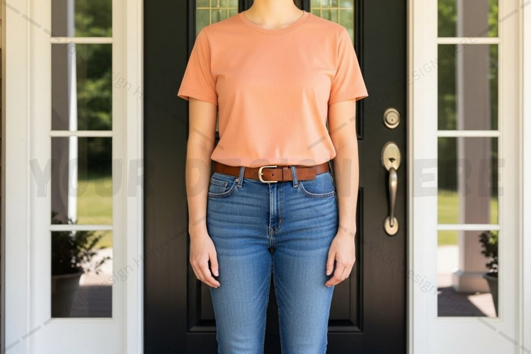 Casual peach t-shirt and blue jeans outfit mockup