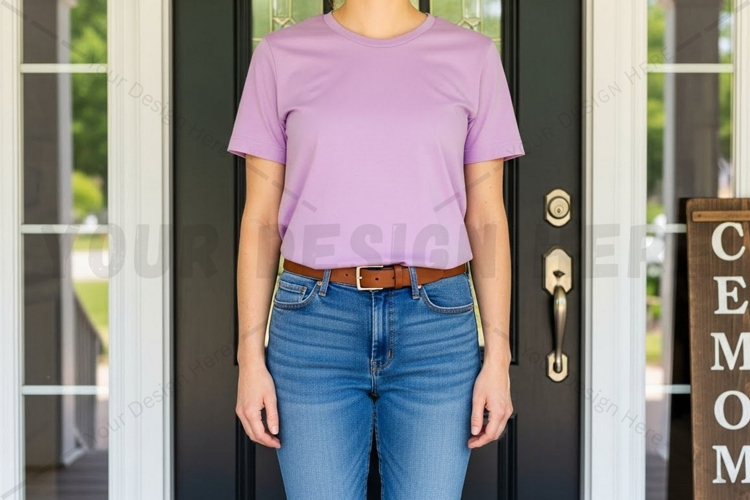 Lilac t-shirt and blue jeans outfit mockup design