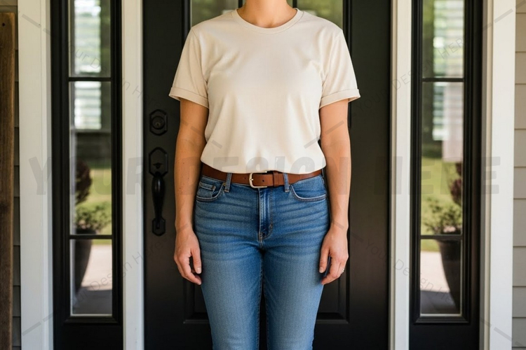 Casual white t-shirt and blue jeans outfit mockup design
