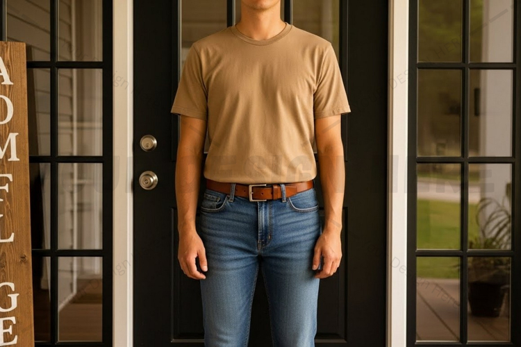 Casual beige t-shirt and blue jeans outfitt mockup design