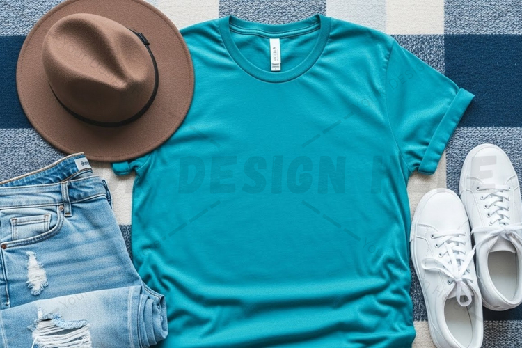 Casual teal t-shirt outfit with accessories mockup design
