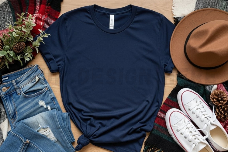 Casual navy blue t-shirt with accessories mockup design