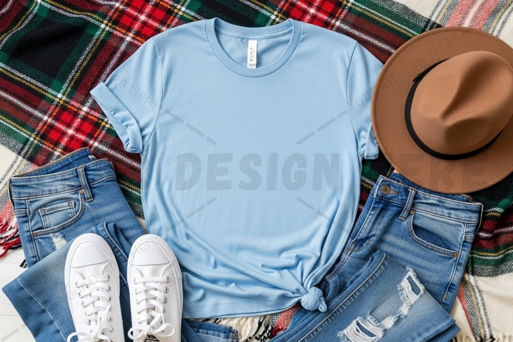 Casual light blue t-shirt with denim and mockup design