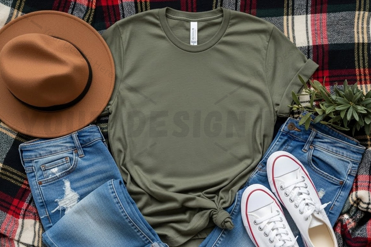 Casual olive green t-shirt with plaid shirt mockup design