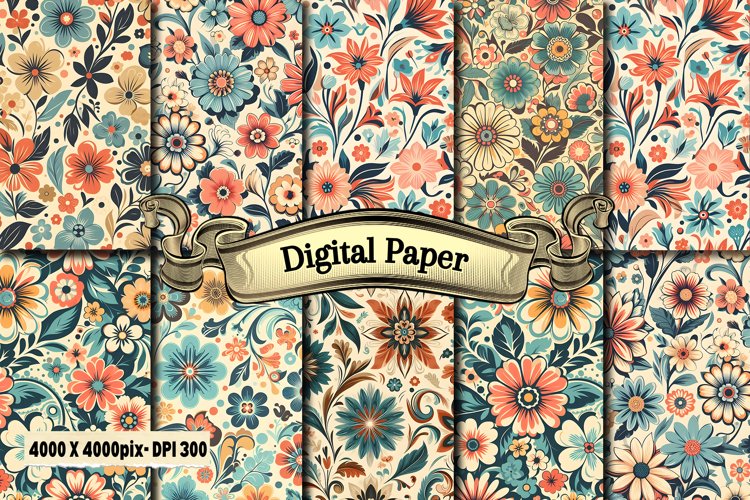 Boho Floral Digital Paper Background Set example image 1