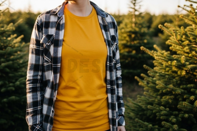 Bright yellow t-shirt with plaid shirt outdoor mockup