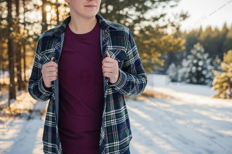 Men's burgundy t-shirt with plaid flannel shirt mockup