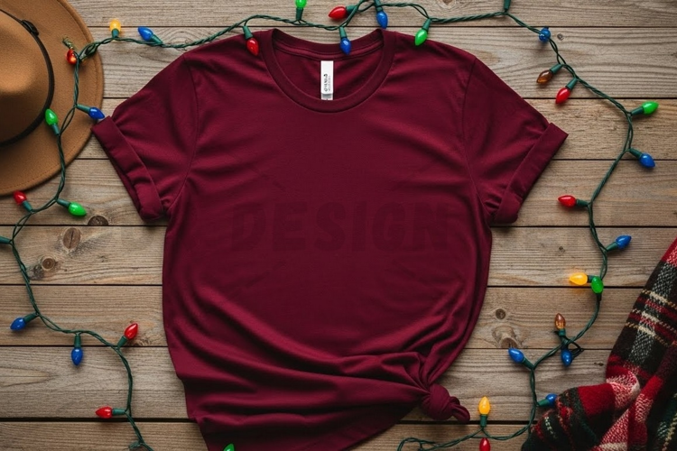 Holiday-themed burgundy t-shirt mockup