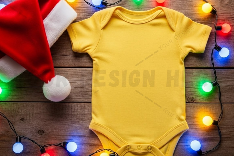 Yellow baby onesie with christmas decorations t-shirt mockup