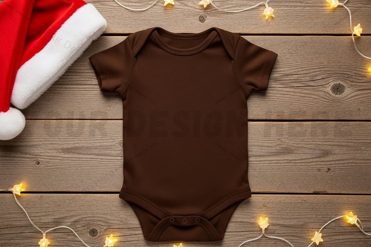 Brown baby onesie with santa hat and holiday lights mockup