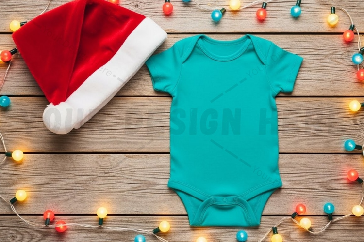 Christmas themed baby onesie with santa hat t-shirt mockup