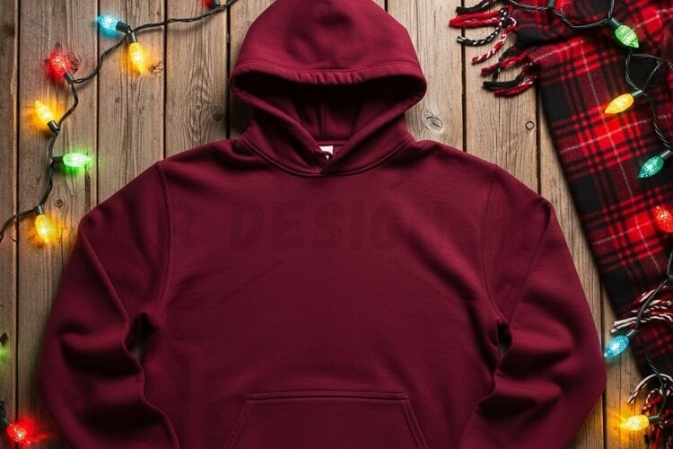 Cozy burgundy hoodie with festive mockup example image 1