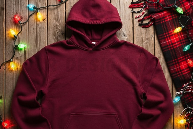 Cozy burgundy hoodie with festive mockup