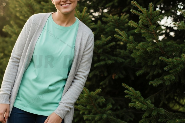 Mint green t-shirt with gray cardigan t-shirt mockup