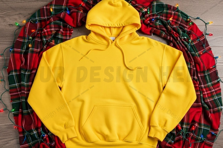 Bright yellow hoodie with plaid blanket t-shirt mockup