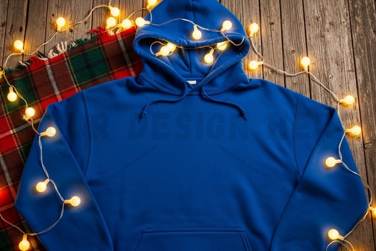 Christmas-themed blue hoodie t-shirt mockup
