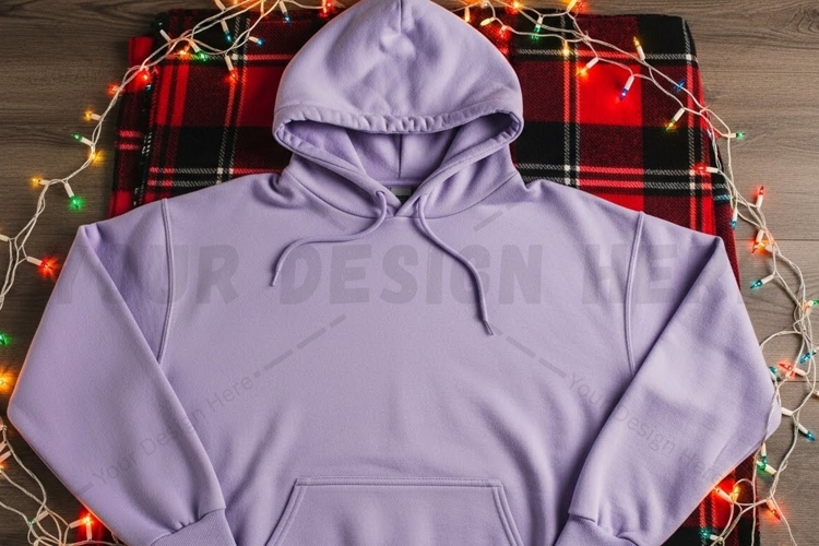 Lavender hoodie with plaid lining t-shirt mockup