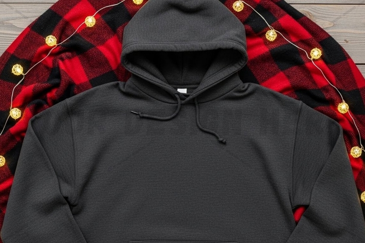 Cozy black hoodie with plaid blanket t-shirt mockup