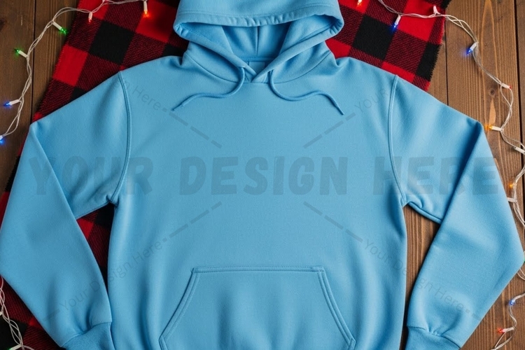 Light blue hoodie with buffalo plaid lining t-shirt mockup