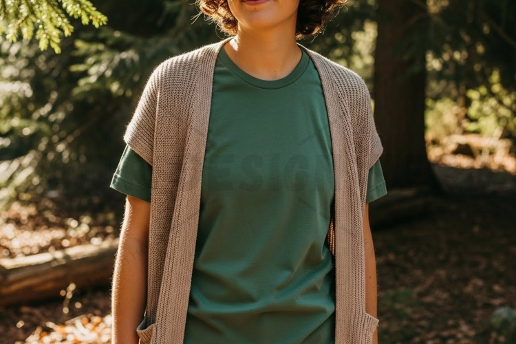 Casual green t-shirt with knitted vest mockup