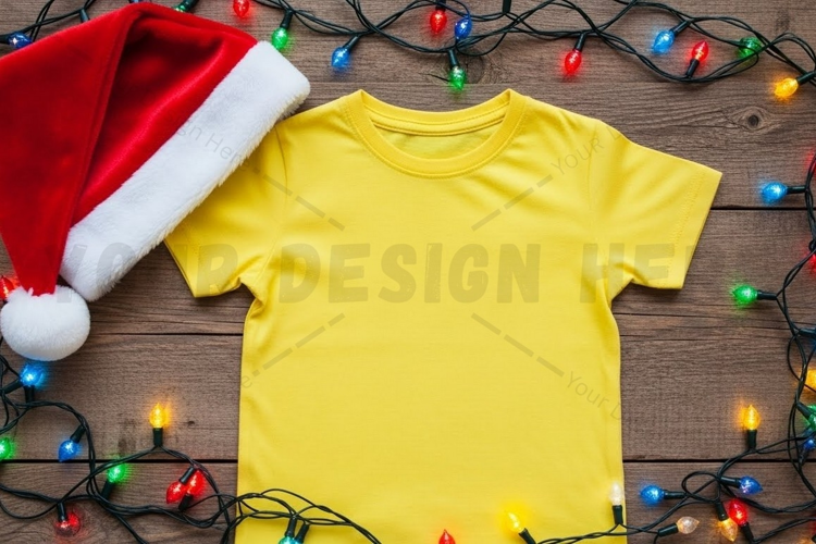 Bright yellow t-shirt with santa hat and t-shirt mockup