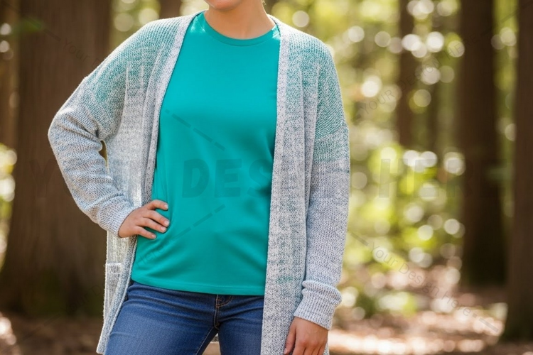 Turquoise t-shirt with light gray cardigan t-shirt mockup