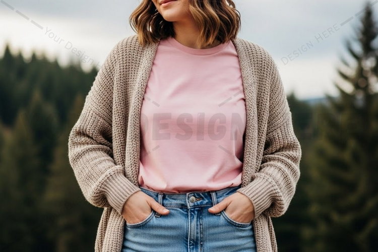 Casual pink t-shirt with denim jeans t-shirt mockup