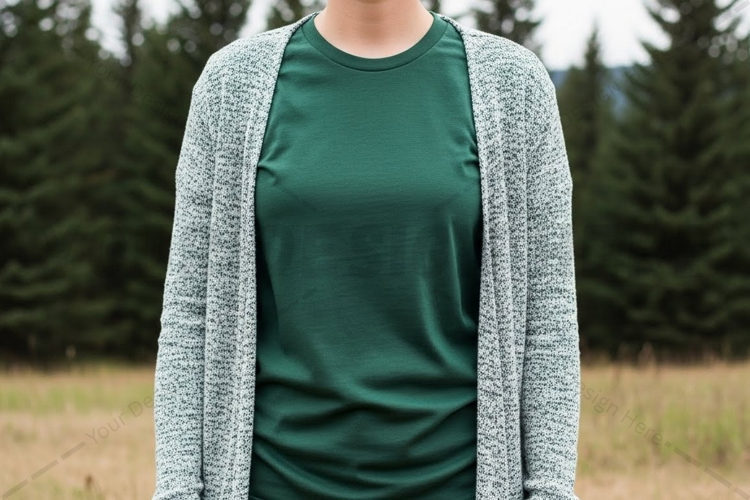 Green t-shirt with gray cardigan outdoor mockup
