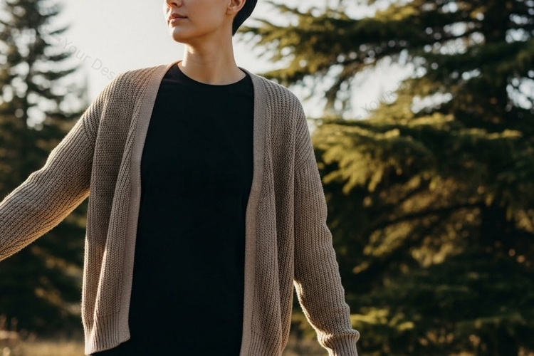 Casual outdoor cardigan with black t-shirt mockup