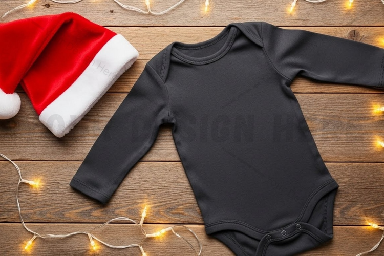 Christmas themed baby onesie with santa hat mockup design
