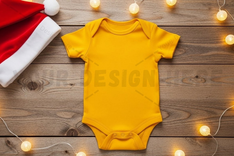 Bright yellow baby onesie with christmas theme mockup design