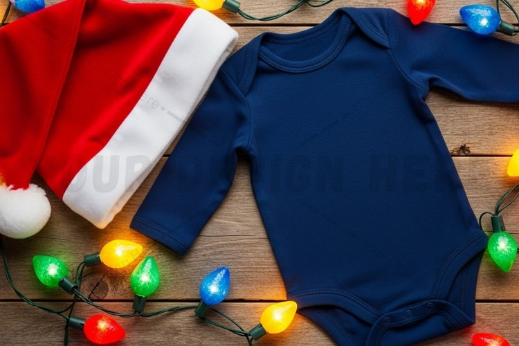 Baby christmas onesie with santa hat and lights mockup